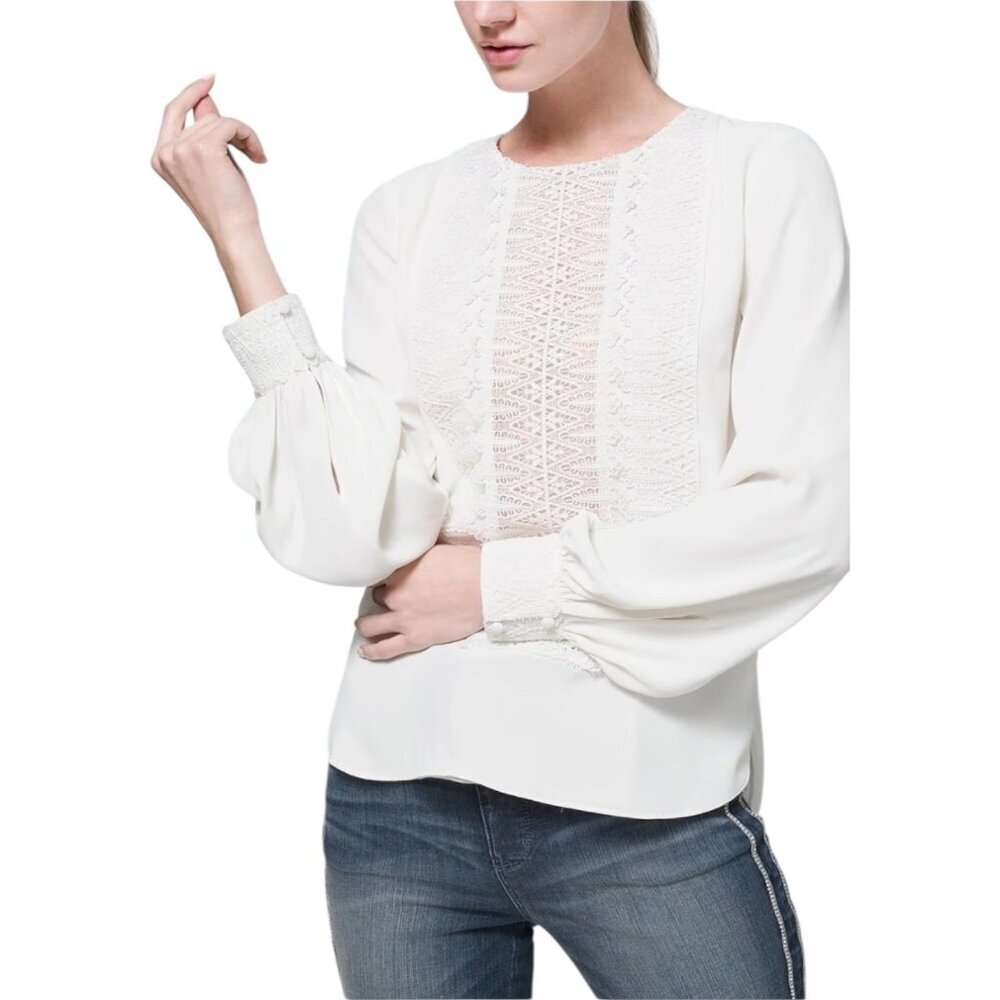 White House Black Market NWT $99 Ecru Lace Trim Blouse, Long Sleeves Women's L
